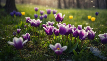 Fototapeta premium Spring background with first flowers, butterflies and green grass