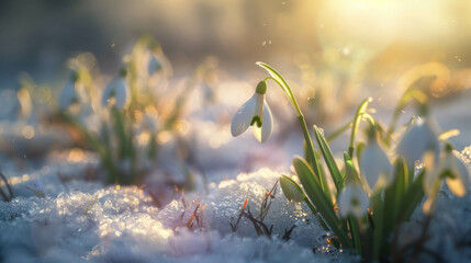 Capture the essence of seasonal transition with snowdrops and grass growing through melting snow. AI generative.