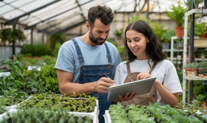 young man and young woman working in garden center looking at a digital tablet. two gardeners checking plant stocks with digital tablet.