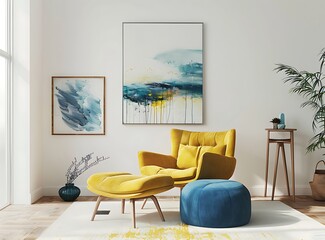 Modern interior design of a living room with a yellow armchair, a blue footstool and paintings on a white wall background