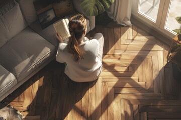 A woman sitting on the floor reading a book. Suitable for educational or leisure concepts