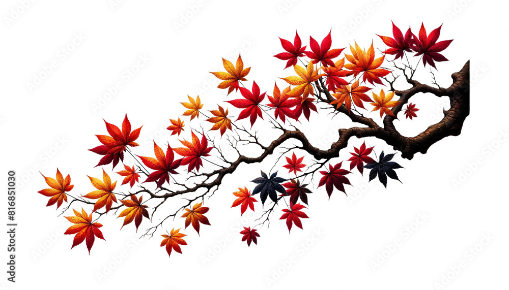 Poster a branch with multiple twigs on a transparent background, adorned with autumn leaves in shades of re
