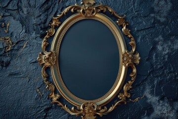 Elegant gold oval mirror hanging on a blue wall, perfect for interior design projects