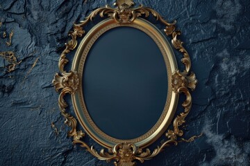 Obraz premium Elegant gold oval mirror hanging on a blue wall, perfect for interior design projects
