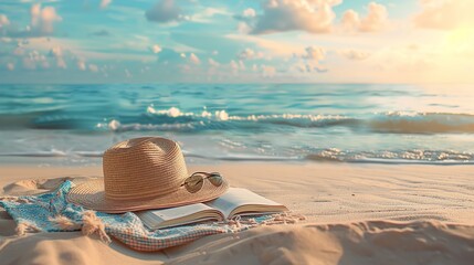 Obraz premium An artistic composition of a sunhat, sunglasses, and a novel lying on a beach chair, with the calm ocean stretching out behind, offering a tranquil background with space for inspirational text,