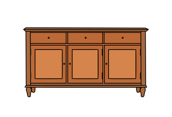 A brown wooden cabinet with three drawers. Empty cupboard with simple design. Retro style furniture for living room, dining, kitchen. Interior design element. Vector colored illustration isolated.