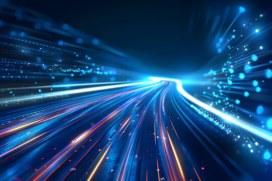 Technology background. Blue lines and dots simulate high-speed data movement