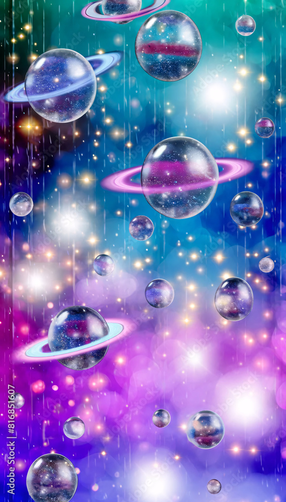 Poster a fantasy cosmic scene with multiple planets and celestial bodies. the planets are designed with tra