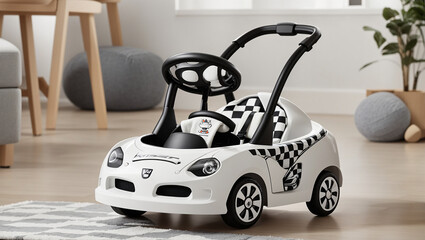 A white and black toy car with a checkered flag pattern on the seat.