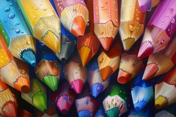 Closeup of colorful pencils with water droplets, showcasing a spectrum of vibrant shades and textures