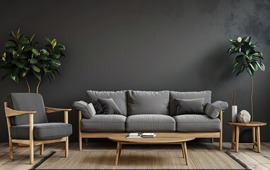 Modern interior design of a living room with a sofa, armchair and coffee table against a dark gray wall