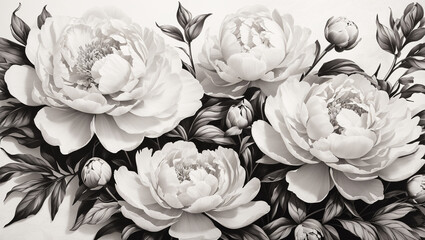A grayscale image of several peony flowers with buds and leaves.

