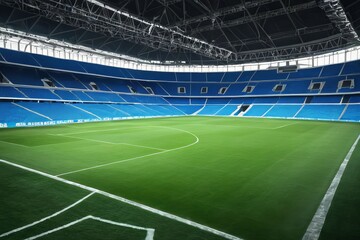 an empty soccer arena basking in the light of a grand day.