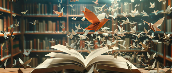 A  featuring futuristic paper birds flying out of an open book. This image captures a sense of creativity and imagination, blending the concepts of nature and technology.