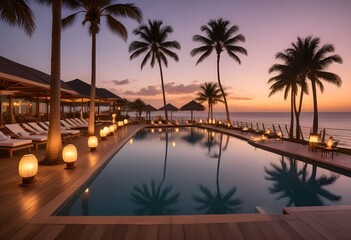 A luxury resort pool overlooking the ocean at sunset, with floating lanterns and umbrellas, a wooden deck and palm trees in the background 