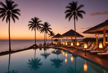 Obraz premium A luxury resort pool overlooking the ocean at sunset, with floating lanterns and umbrellas, a wooden deck and palm trees in the background 