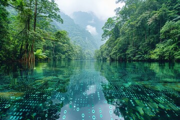 Digital code overlay on pristine lake in dense forest. Mysterious, futuristic vibe with digital elements blending with natural beauty. Tranquil water reflecting lush green surroundings.