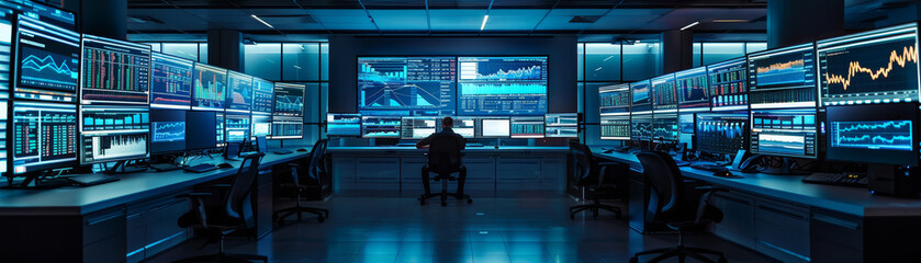 A team of professionals engage in a strategic meeting, surrounded by advanced digital data screens in a corporate environment.