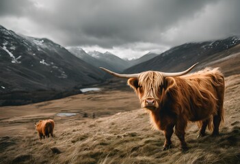 A view of a Highland Cow in a field