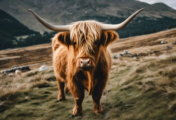 A view of a Highland Cow in a field