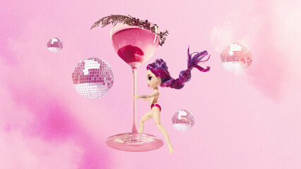 Poster. Contemporary art collage. Doll dancing near glass of sweet cocktail against background with...