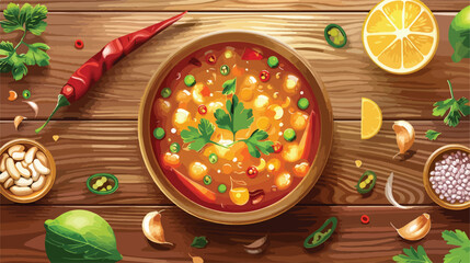 Tasty pozole soup in bowl and ingredients on light 