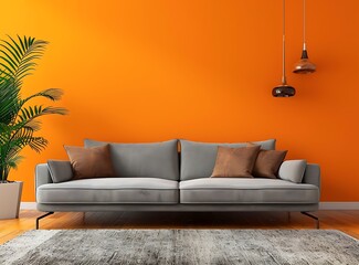 Modern interior design of a living room with a gray sofa near an orange wall and carpet, copy space for text stock photo contest winner, 207934568, stockphoto