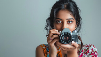 Fototapeta premium indian woman holding dslr camera and taking photo