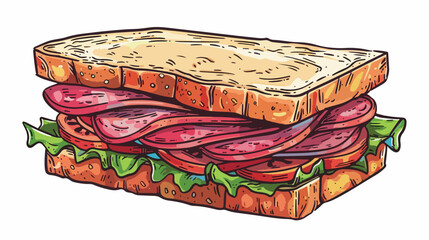 Tasty sandwich with salami on white background 