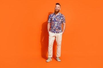 Full size photo of brutal handsome man with red long beard wear stylish shirt holding hands in...