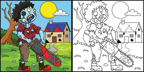 Zombie with Chainsaw Coloring Page Illustration