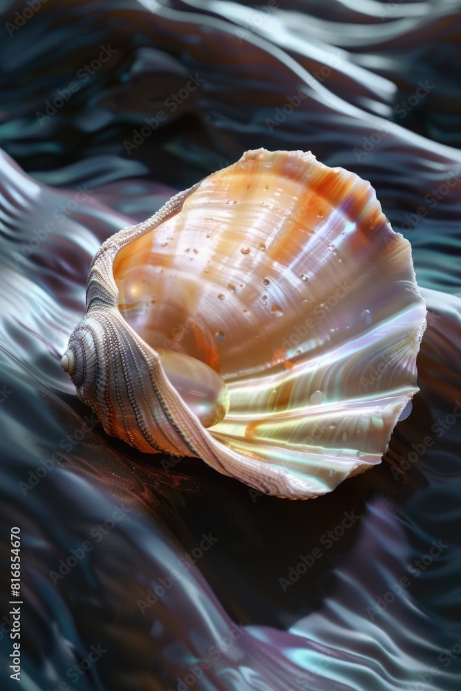 Poster a shell floating on water with waves in the background. suitable for various nature-themed designs