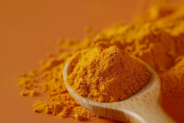 Close-up of turmeric powder heaped on a wooden spoon with scattered curcuma on an orange background, showcasing its texture