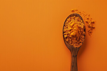 Overhead view of ground turmeric spilling from a wooden spoon on an orange backdrop, showcasing the spice's rich color and texture