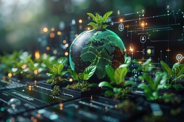 Digital Earth with green glowing map, small plants growing from soil, and futuristic holographic interface in background. Emphasizes integration of technology and nature,