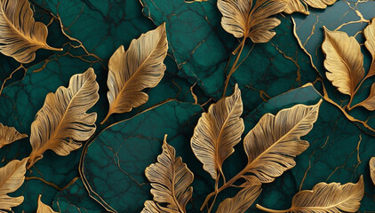 Luxury background with golden line art leaves on marble green background