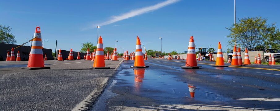 A row of orange traffic cones lined up neatly on a road. This image highlights the concept of road safety and construction work, showcasing traffic management and hazard warning equipment.