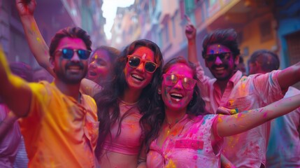 A group of smiling young men and women are joyfully celebrating Holi. Colorful traditional festivals of India