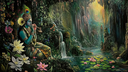 Krishna playing a flute in serene communion with enchanted forest. Artwork of divinity in nature. Hinduism artwork masterpiece.