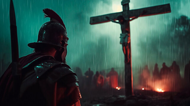 Roman soldier witnessing the crucifixion of Jesus in the rain.