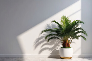 Fototapeta premium Design a mockup template featuring a tropical palm tree pot against a white wall, illuminated by sunlight and shadows, creating a stunning natural backdrop.