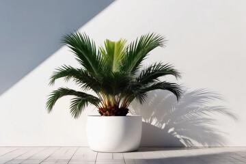 Obraz premium Design a mockup template featuring a tropical palm tree pot against a white wall, illuminated by sunlight and shadows, creating a stunning natural backdrop.