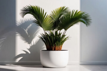 Fototapeta premium Design a mockup template featuring a tropical palm tree pot against a white wall, illuminated by sunlight and shadows, creating a stunning natural backdrop.