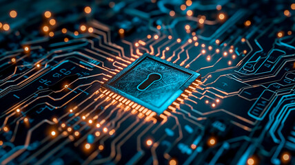 Concept of encrypted data, secure data flow and data security. A pad lock on a processor circuit board or motherboard.