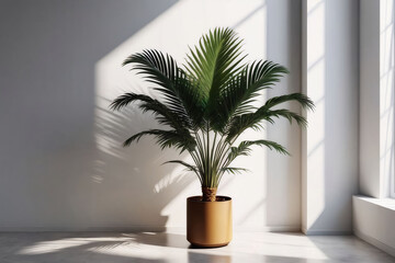 Fototapeta premium Design a mockup template featuring a tropical palm tree pot against a white wall, illuminated by sunlight and shadows, creating a stunning natural backdrop.