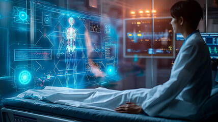 Concept of futuristic patient health monitoring with interactive technology and hospital of the future. A patient accessing vital signs on interactive holographic interface.