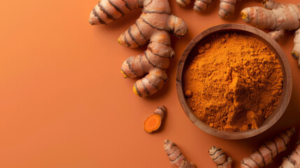 Top view of organic turmeric powder in a bowl with fresh turmeric roots scattered on a warm, earth-toned surface