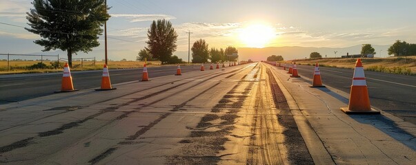 A row of orange traffic cones lined up neatly on a road. This image highlights the concept of road safety and construction work, showcasing traffic management and hazard warning equipment. 