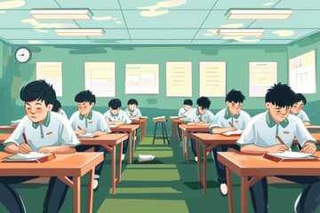A group of students sitting at desks in a classroom. Suitable for educational and school-related projects