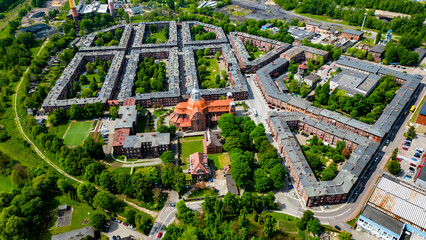 Katowice zabytkowa dzielnica Nikiszowiec z lotu ptaka
